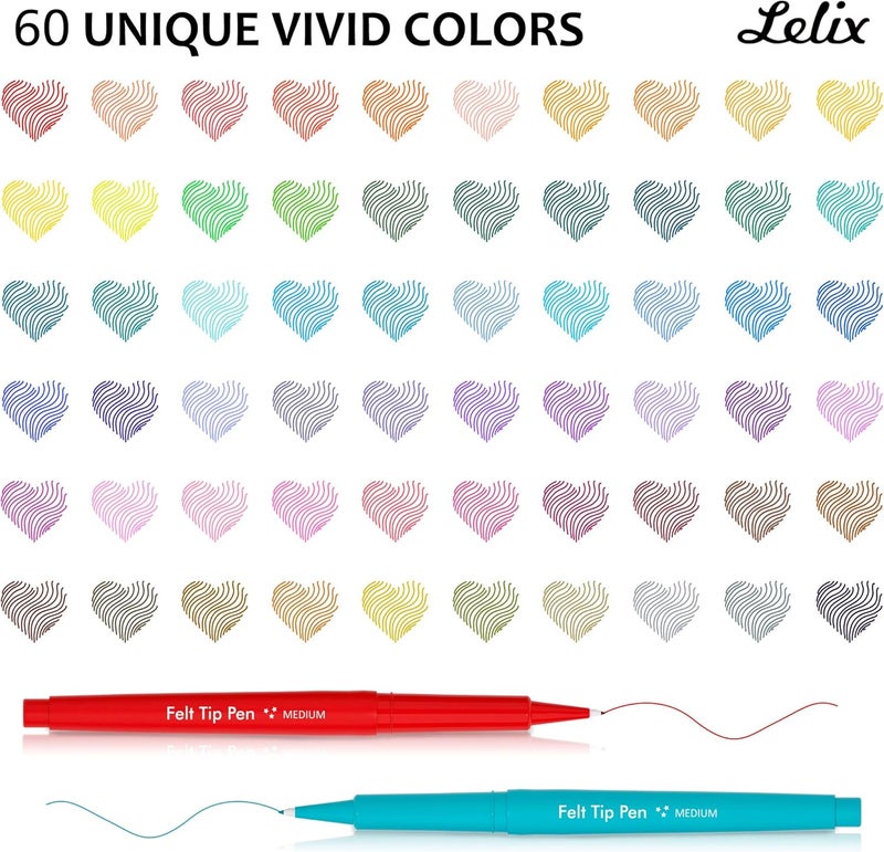 Lelix 60 Colors Felt Tip Pens, Medium Point Felt Pens, Assorted Colors Markers Pens For Journaling, Writing, Note Taking, Planner Coloring, Perfect as Art Office and School Supplies - Image 3